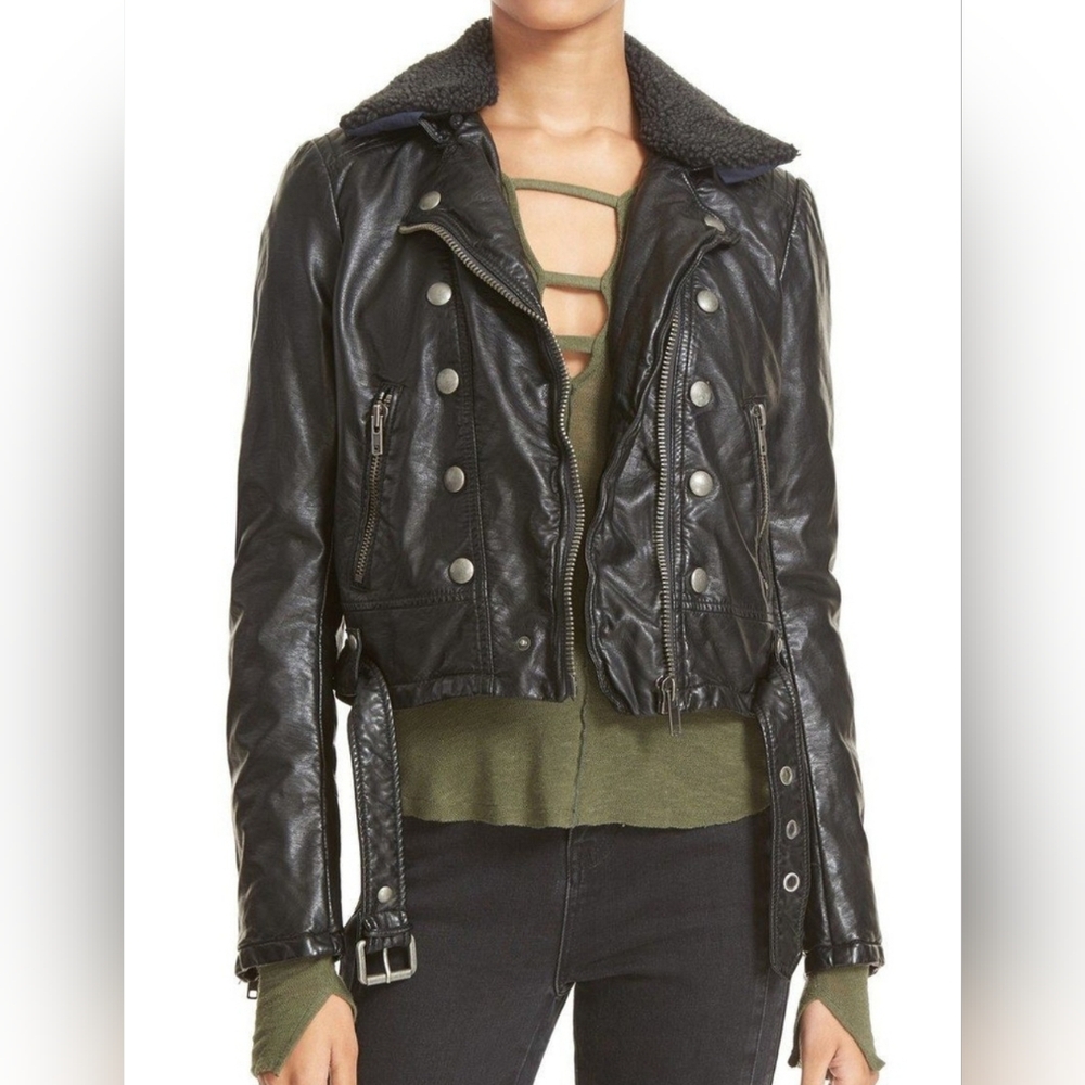 Free People Moto Vegan Leather Black Jacket Biker Goth